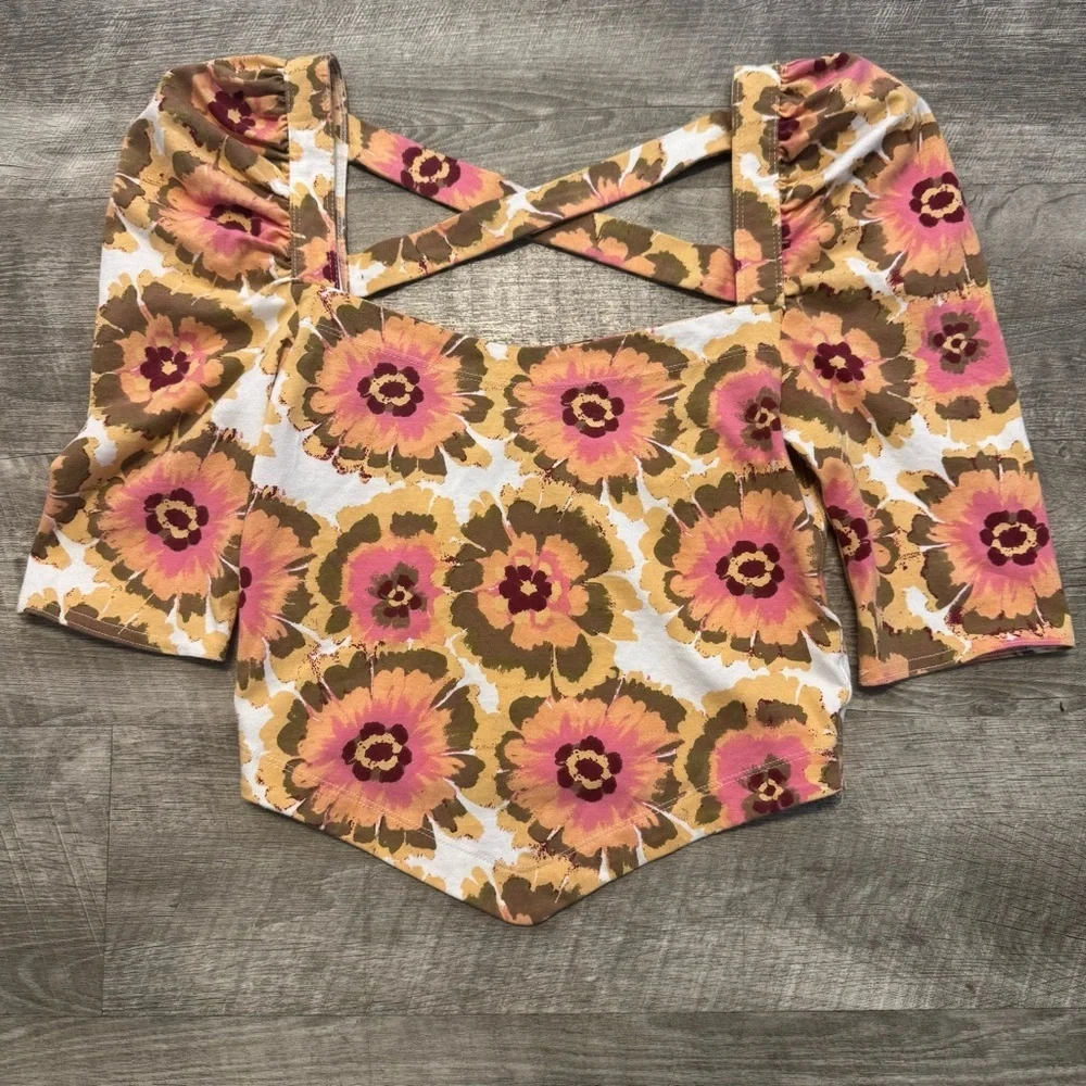 NWT Free People Give Me More Top Ivory Floral Crop Puff Sleeve Square Neck Sz XS